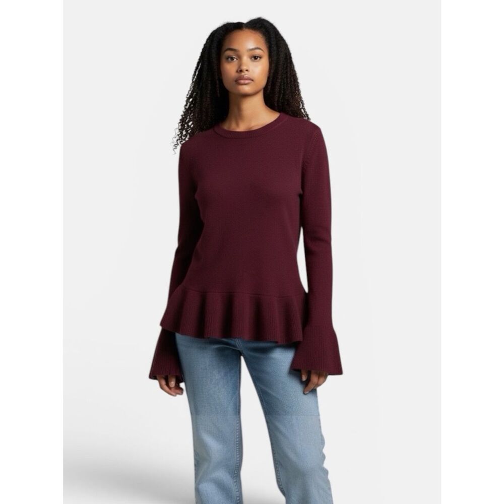 Lord & Taylor Burgundy Cashmere Sweater Ruffle Hem and Cuffs Crew Neck size S